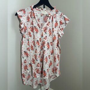 MELLODAY White Ruffled V-Neck Blouse with Red Floral Print